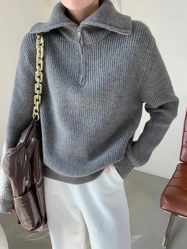 Dames Sweatshirt– Wol – Relaxte Pasvorm – Hoge ritssluiting – Geribbelde boorden