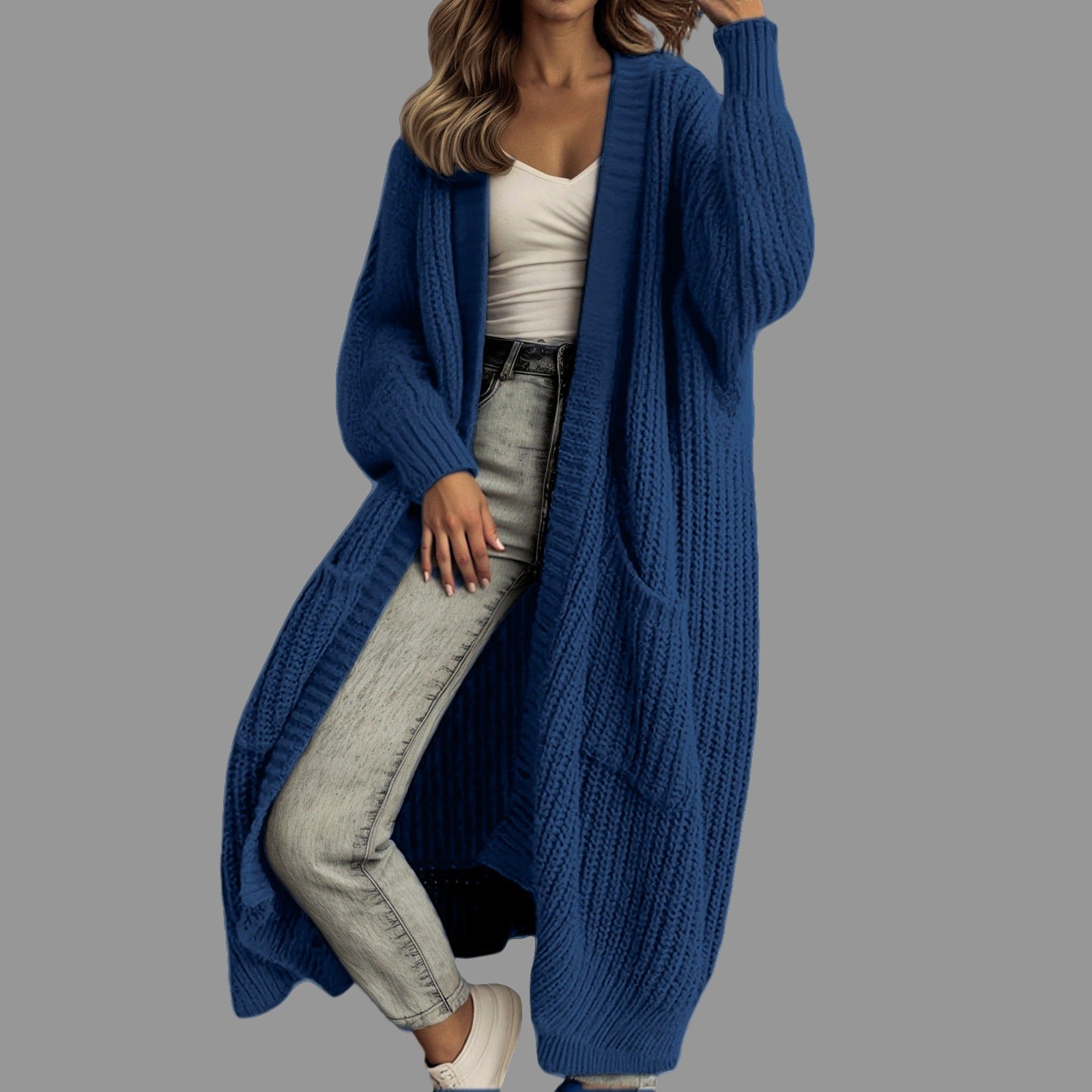 Dames vest lang – Oversized pasvorm – Grof geribd breisel – Open voorkant met zakken
