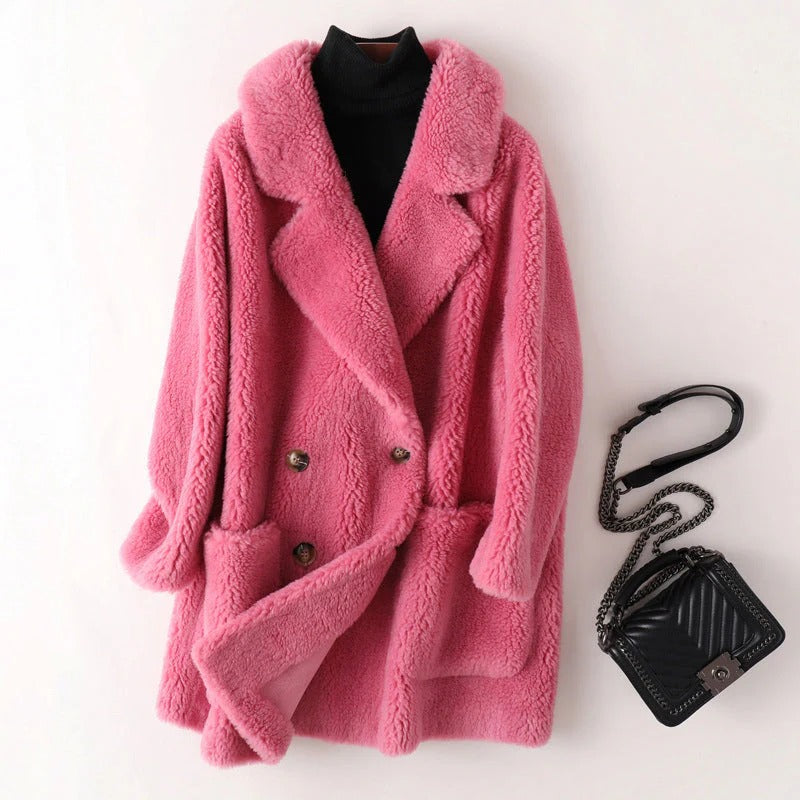 Dames Shearling Jas – Oversized Pasvorm – Dubbelrijig – Notch Revers – Mid Lengte