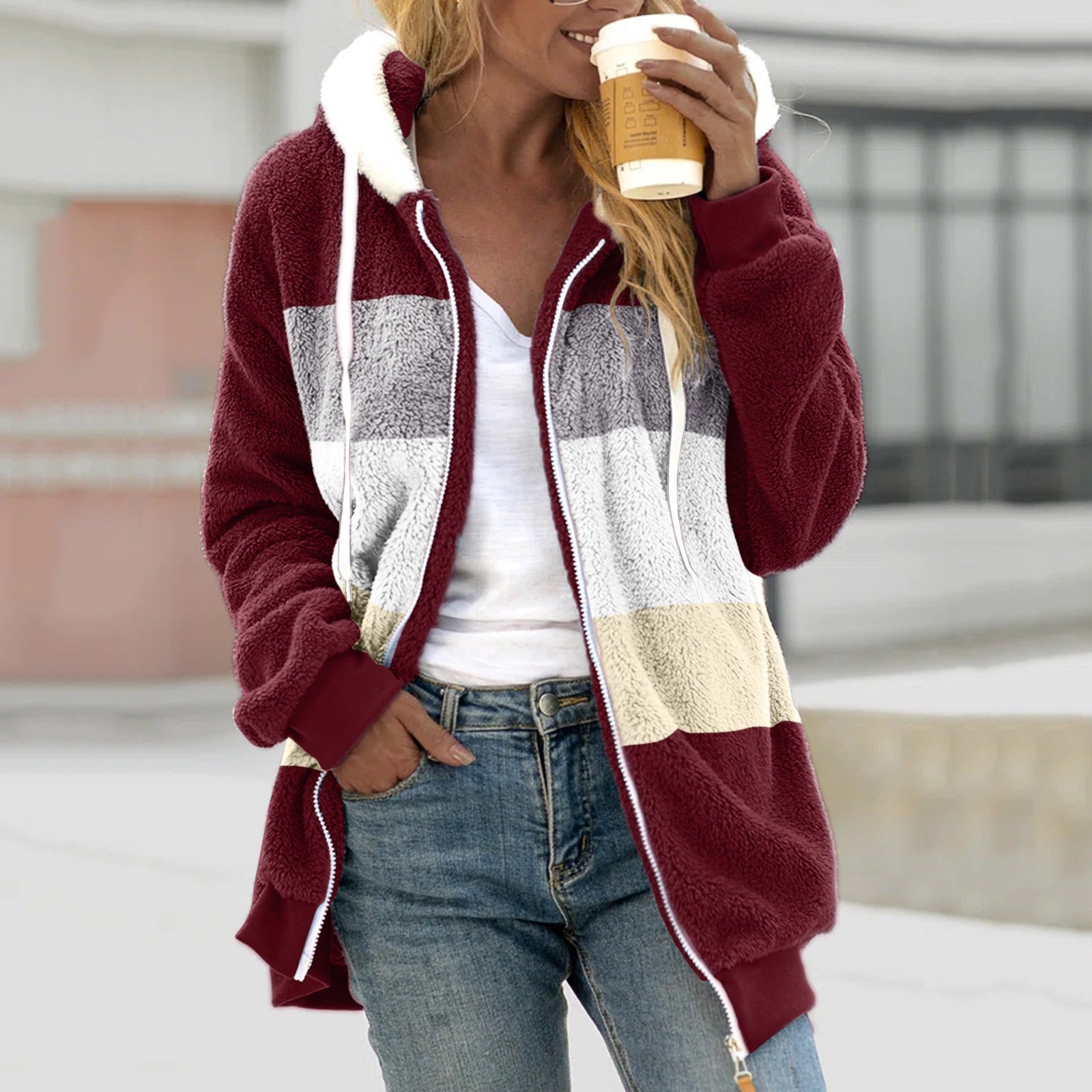 Women's hoodie jacket – Sherpa fleece – Relaxed fit – With hood and zipper