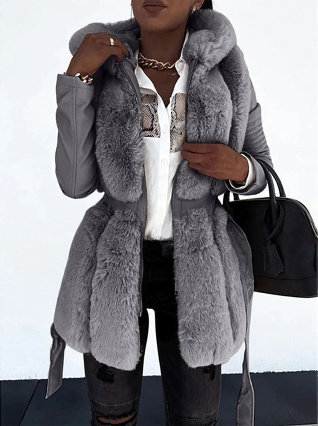 Dames Mid-Length Jas – Imitatiebont Voorzijde – Getailleerd – Ceintuur – Lange Mouw