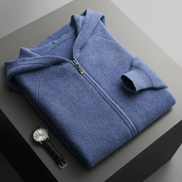 Men's Zip Hoodie – Wool Blend Knit – Relaxed Fit – Ribbed Trims – Breathable Comfort