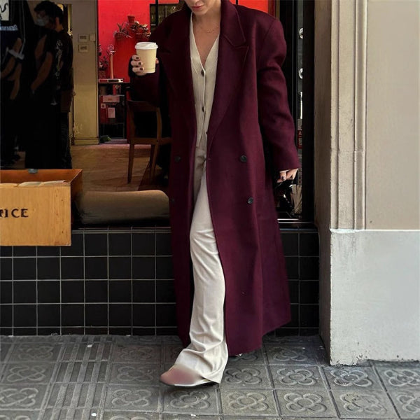 Ladies Coat – Wool Mix – Long Fitted Model –Double-Breasted with Pockets