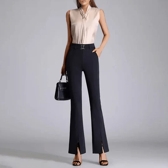 Dames Flared Broek – Hoge Taille – Slanke Pasvorm – Split Voorzoom – Met Ceintuur