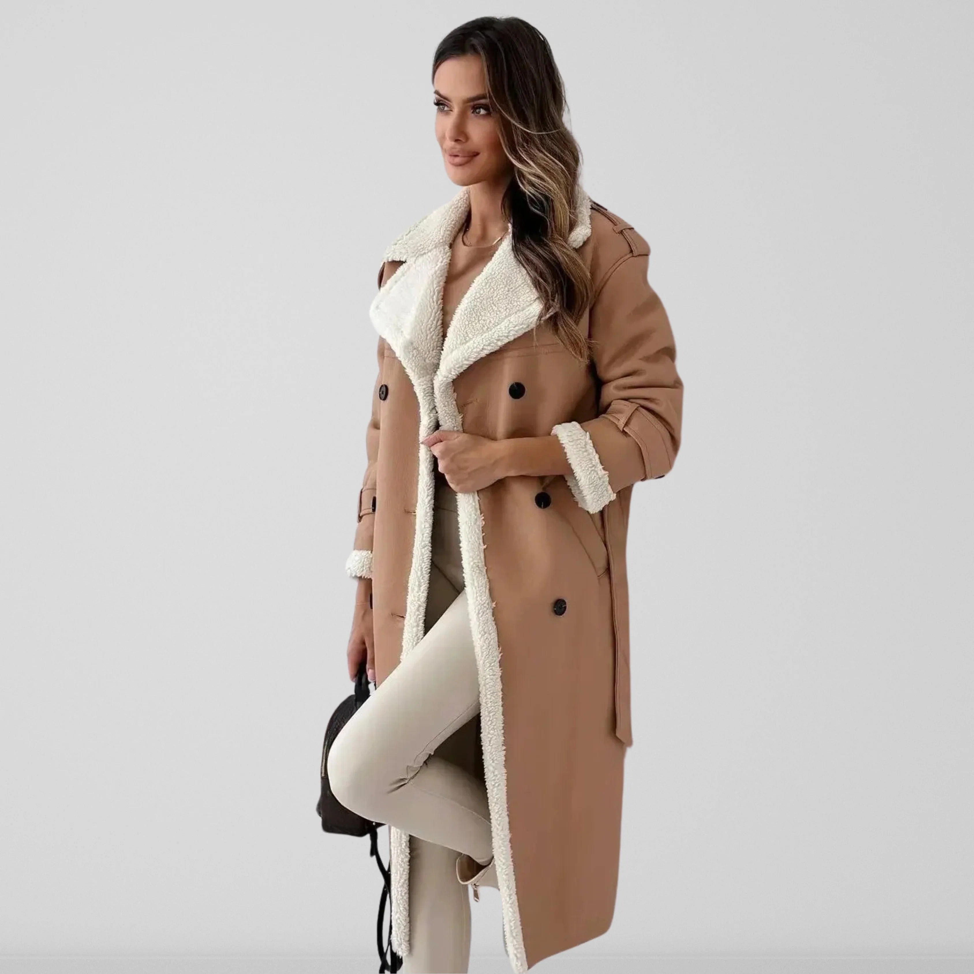 Women's Long Coat – Oversized Fit – Double-Breasted – Wool-look With Fleece Collar
