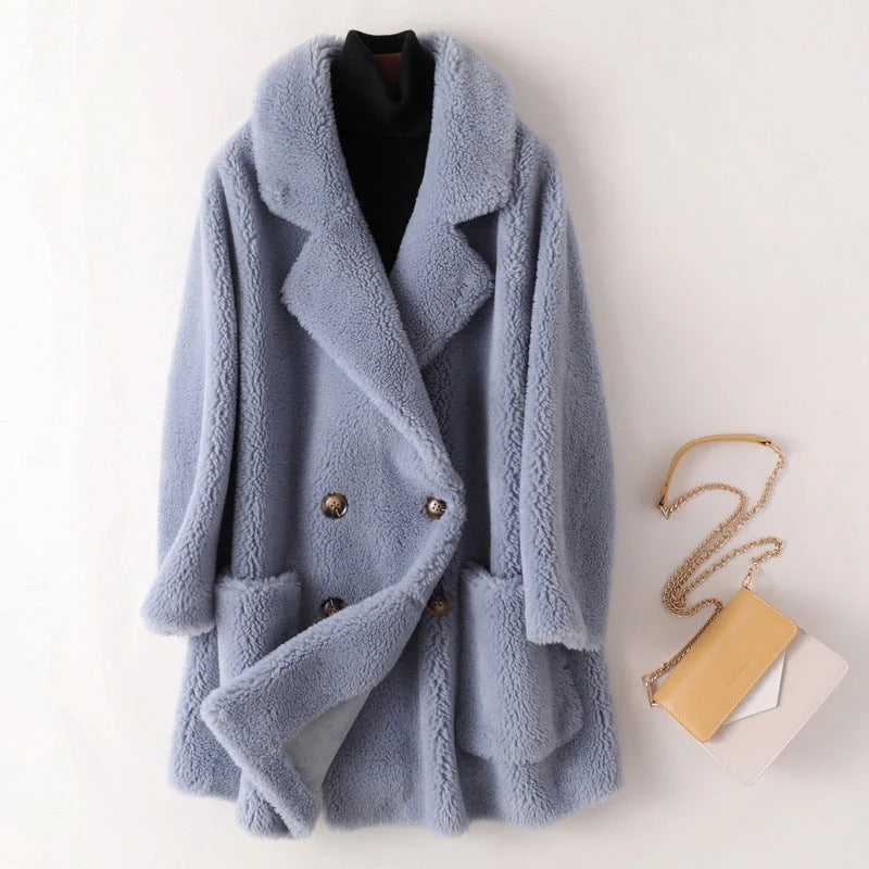 Dames Shearling Jas – Oversized Pasvorm – Dubbelrijig – Notch Revers – Mid Lengte