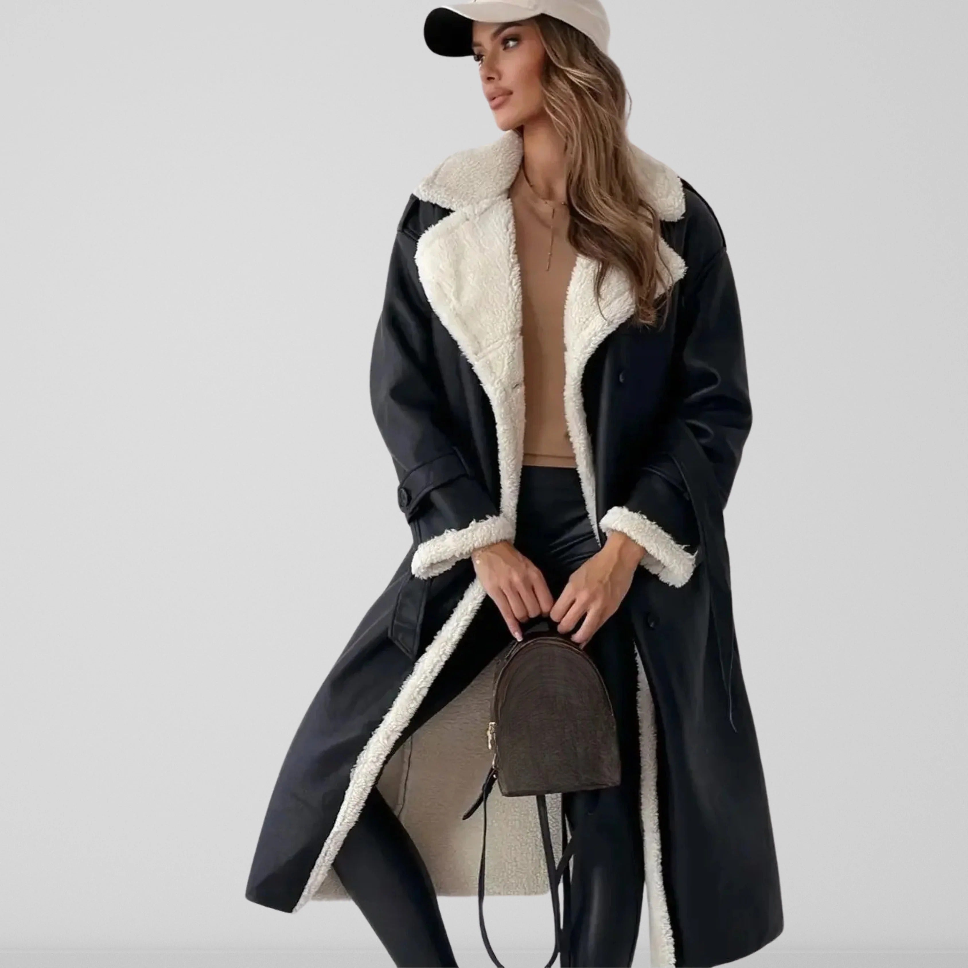 Women's Long Coat – Oversized Fit – Double-Breasted – Wool-look With Fleece Collar