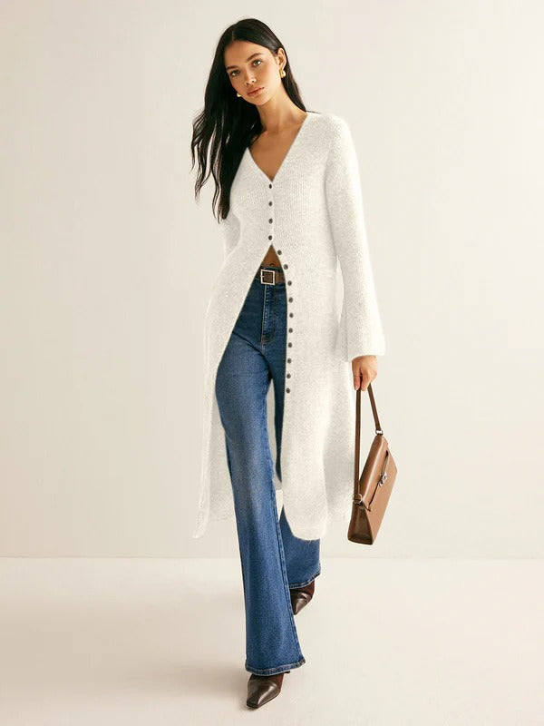 Dames Gebreid Lang Jasje – Slim Fit – Wolmix – V-Hals – Knoopsluiting – Midi – Lange Mouwen