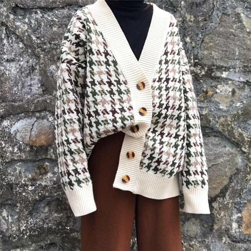 Dames Vest – Relaxed Fit – Knoopsluiting – V-hals – Houndstooth – Geribde Boorden