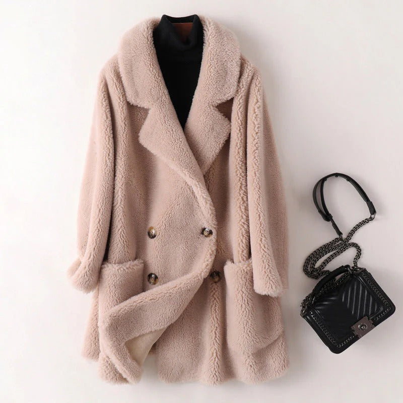 Dames Shearling Jas – Oversized Pasvorm – Dubbelrijig – Notch Revers – Mid Lengte