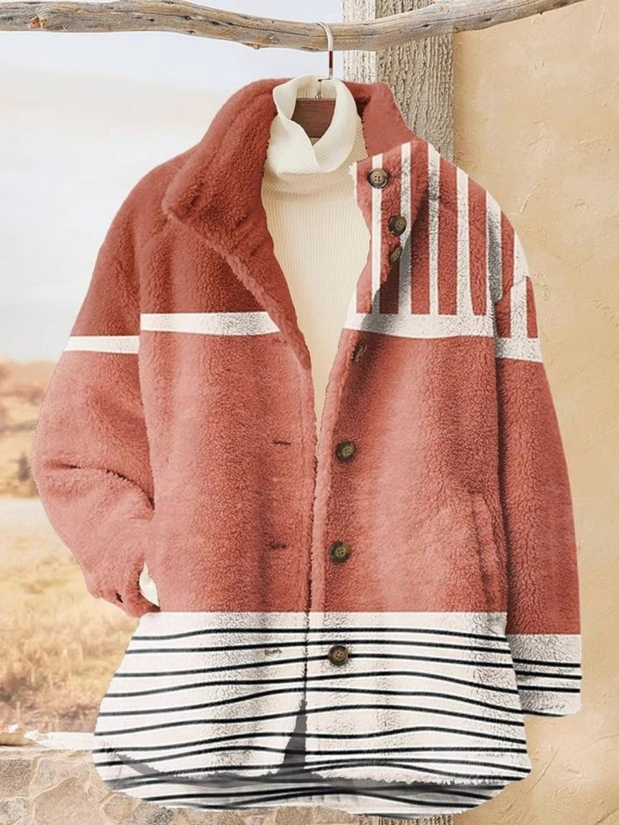 Dames Jas – Relaxte Pasvorm– Fleece Look – Knoopsluiting – Hoge Kraag – Gestreept Ontwerp