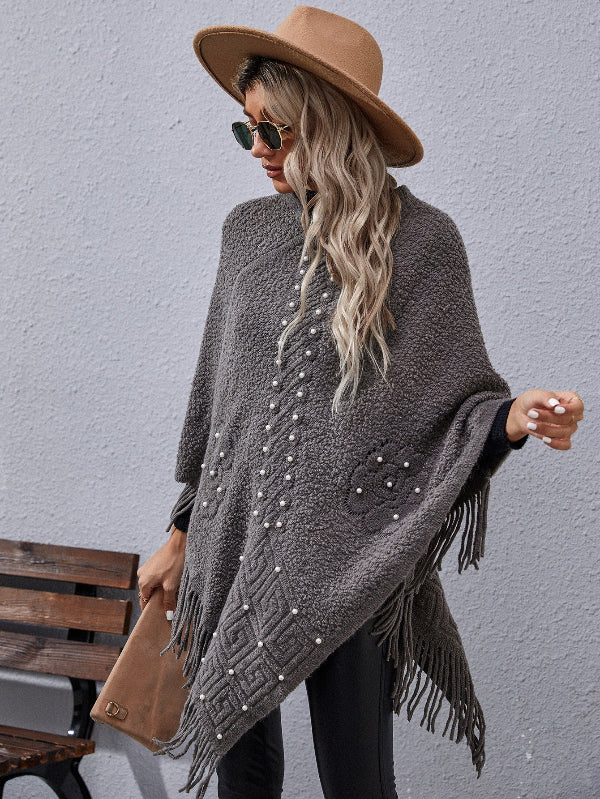 Dames poncho – Losse pasvorm – Asymmetrische zoom – Kralenversiering – Franjes