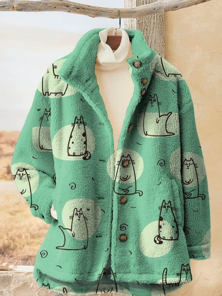 Dames Jas – Relaxte Pasvorm– Fleece Look – Knoopsluiting – Hoge Kraag – Gestreept Ontwerp