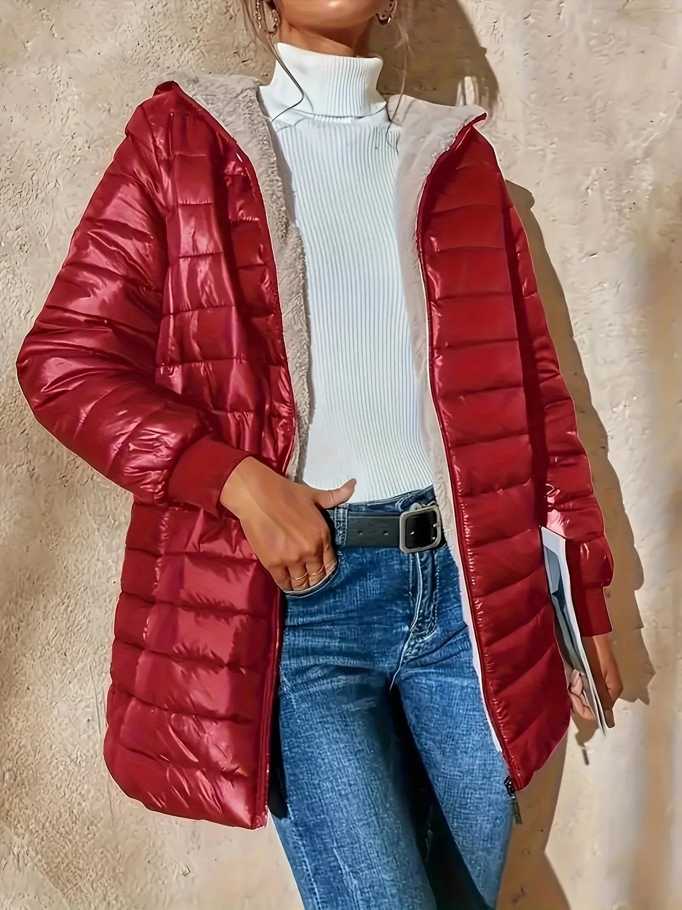 Dames Lange Gewatteerde Jas – Fleece Voering – Relaxte Pasvorm – Ribboorden – Rits