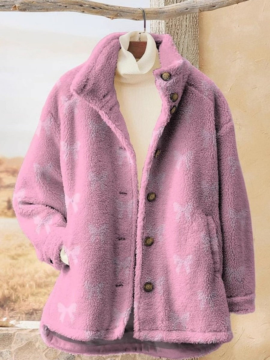 Dames Jas – Relaxte Pasvorm– Fleece Look – Knoopsluiting – Hoge Kraag – Gestreept Ontwerp