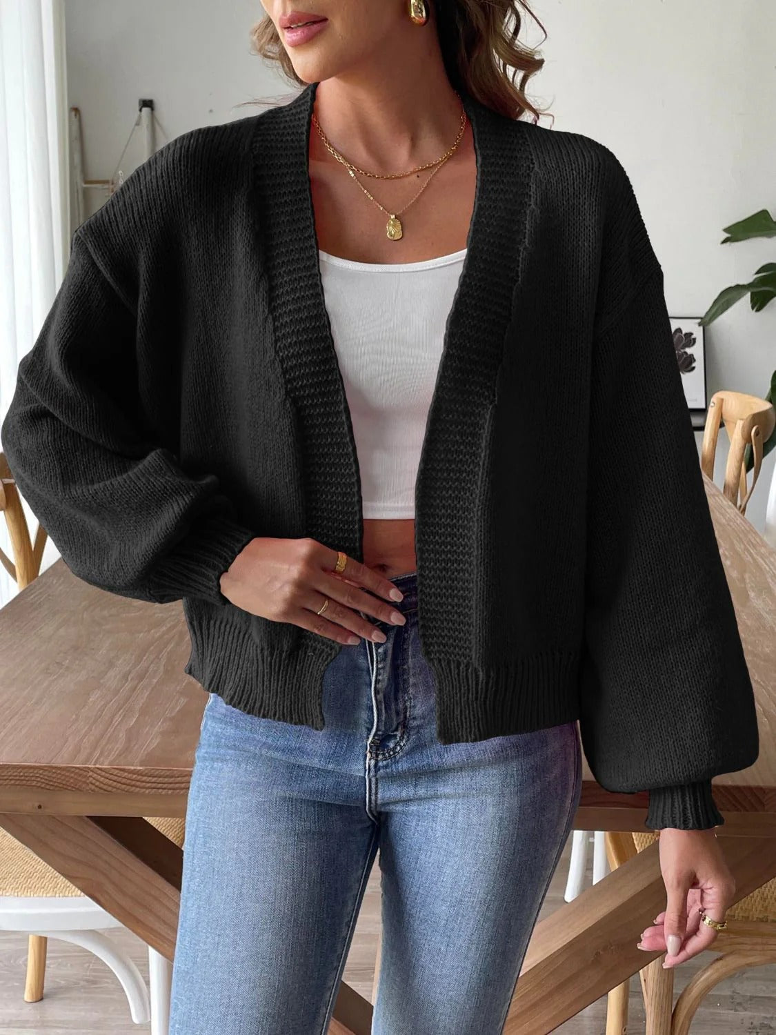 Dames vest – Relaxed fit – Gebreid – Open voorkant – Lantern mouwen – Geribd – Cropped