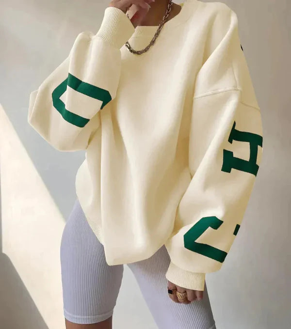 Dames Sweatshirt – Oversized Pasvorm – Katoenmix – Verlaagde Schouders – Mouwprint