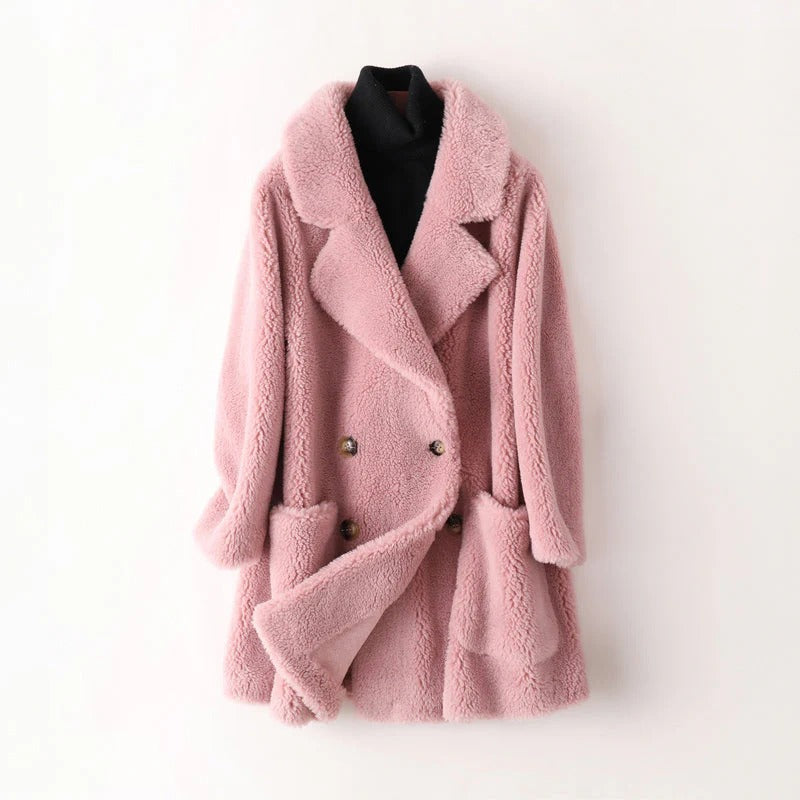 Dames Shearling Jas – Oversized Pasvorm – Dubbelrijig – Notch Revers – Mid Lengte