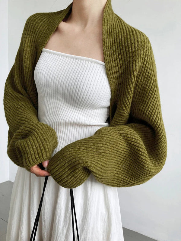 Dames Shrug Cardigan – Wolmix – Ribgebreid – Open Front – Cropped Pasvorm – Oversized Mouwen