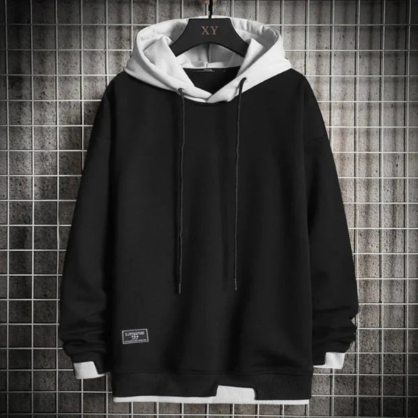 Heren Hoodie – Relaxte Pasvorm– Katoenmix – Gelaagde Capuchon – Geribde Boorden