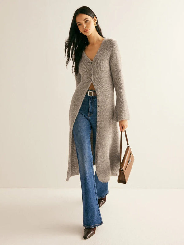Dames Gebreid Lang Jasje – Slim Fit – Wolmix – V-Hals – Knoopsluiting – Midi – Lange Mouwen