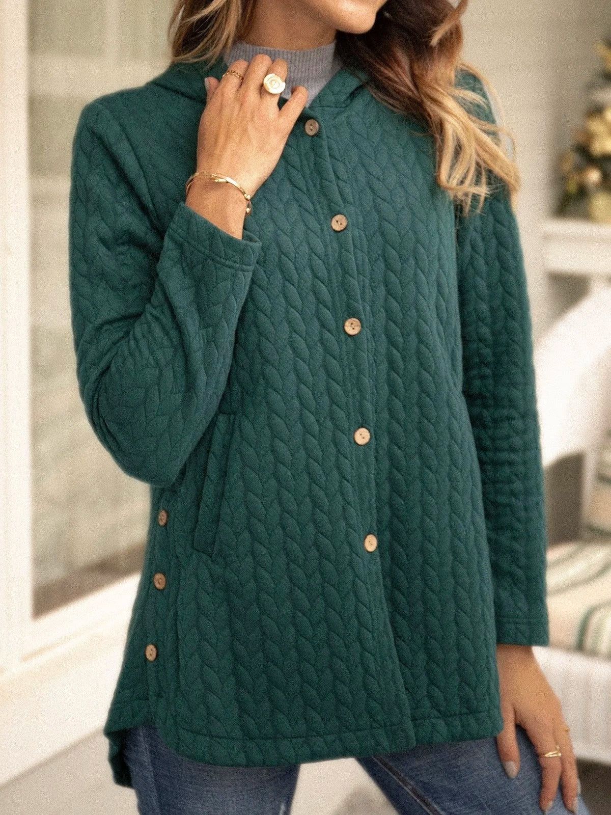Dames Hoodie Sweatshirt – Relaxte Pasvorm – Gewatteerd – Knoopsluiting – Mid-Lange Casual Look