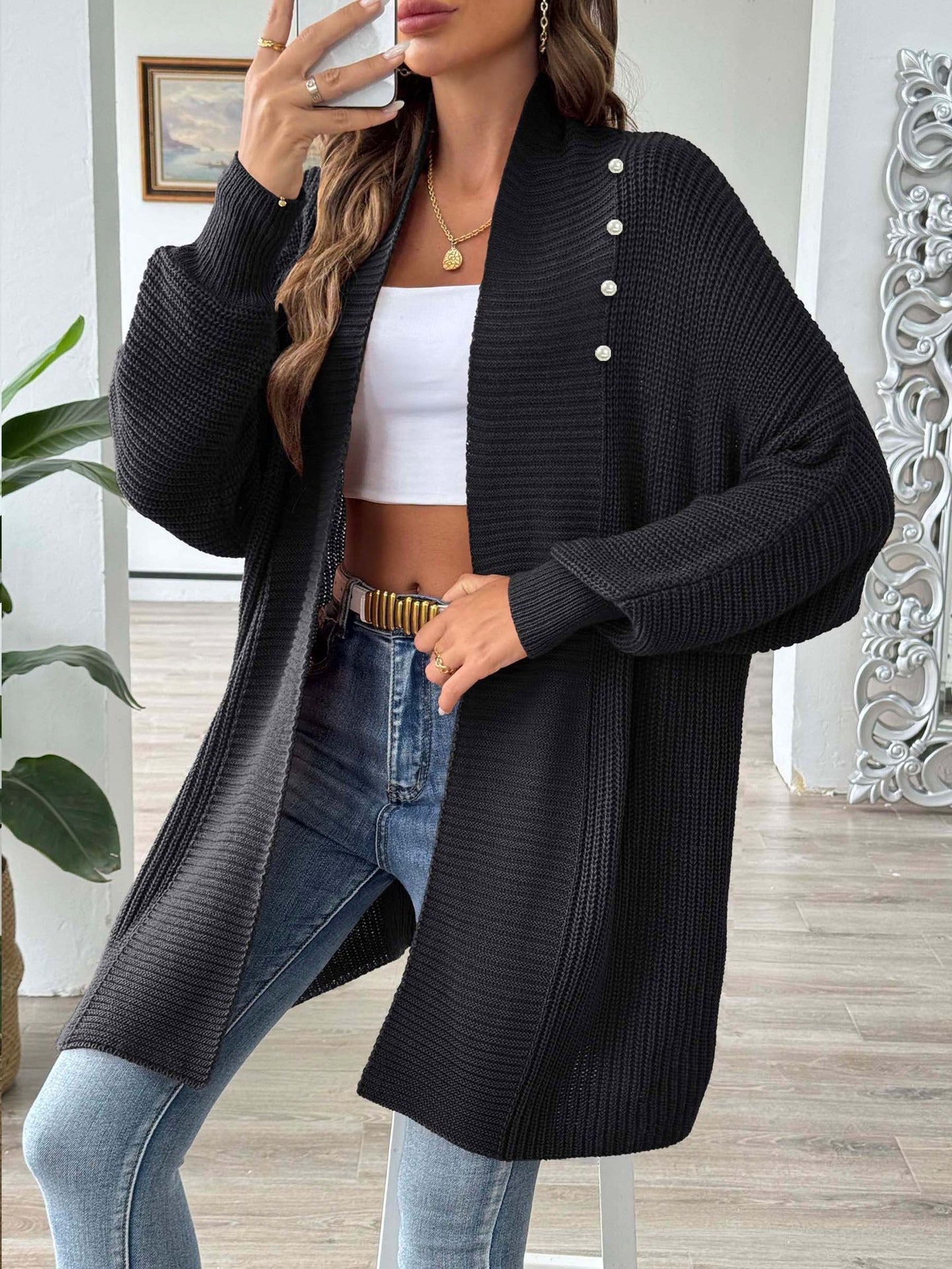 Dames Vest – Lang Model – Ribgebreid – Losvallend – Sjaalkraag – Parelknopen