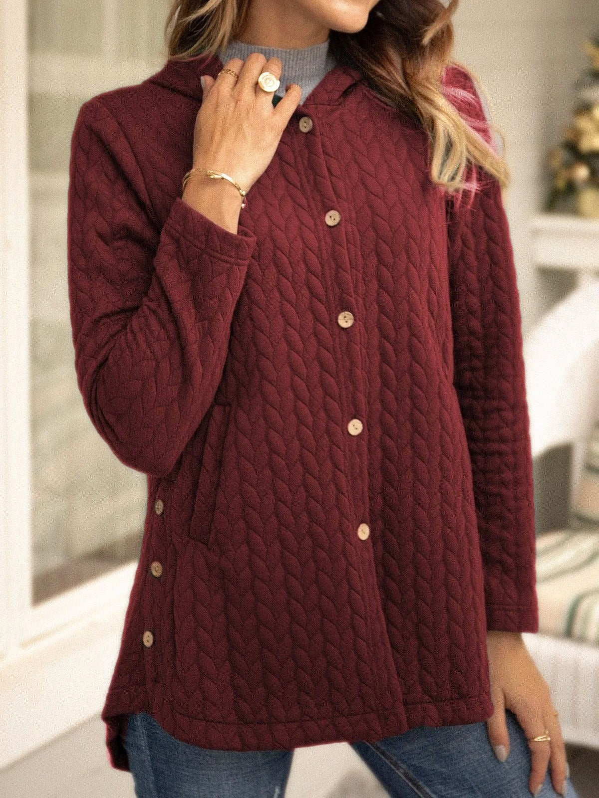 Dames Hoodie Sweatshirt – Relaxte Pasvorm – Gewatteerd – Knoopsluiting – Mid-Lange Casual Look