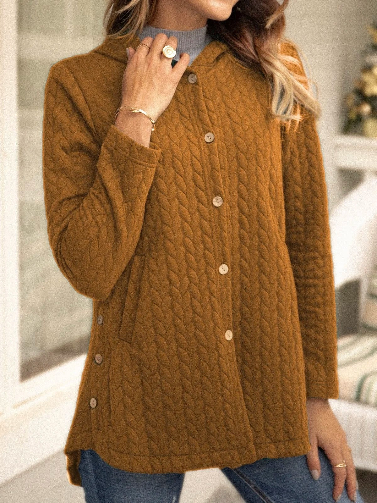 Dames Hoodie Sweatshirt – Relaxte Pasvorm – Gewatteerd – Knoopsluiting – Mid-Lange Casual Look