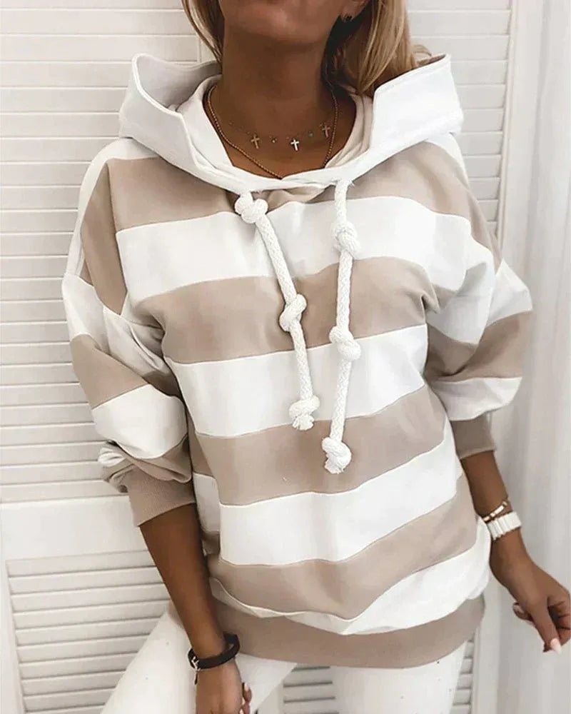Dames Hoodie – Oversized Pasvorm – Katoenmix – Gestreept – Ribboorden – Knopenkoord