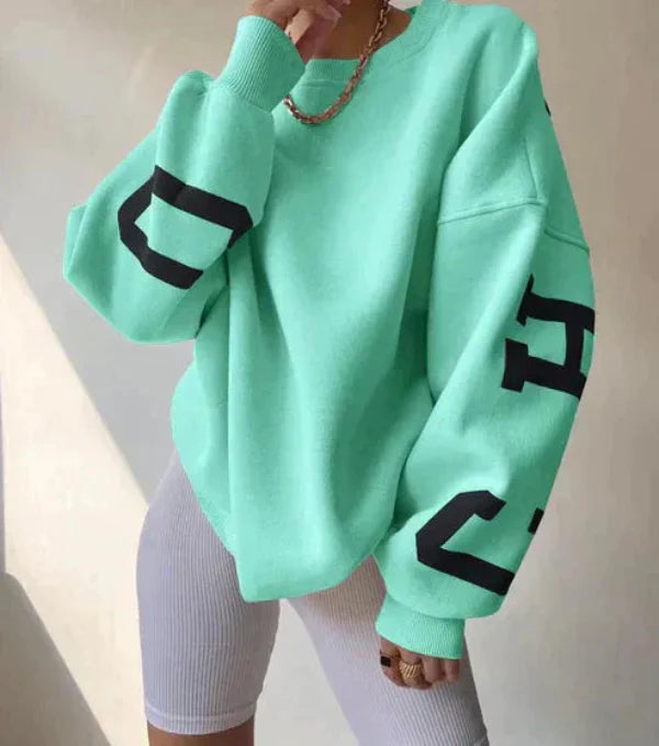 Dames Sweatshirt – Oversized Pasvorm – Katoenmix – Verlaagde Schouders – Mouwprint