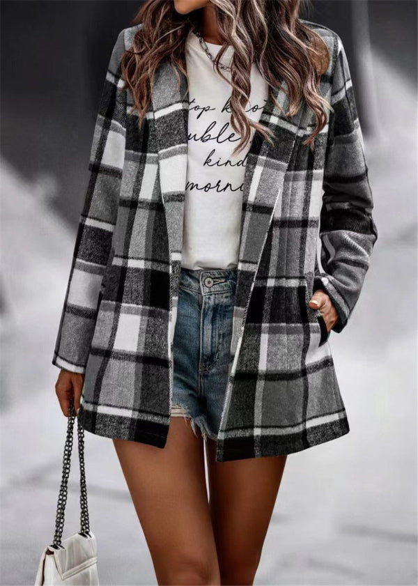 Dames cardigan jas – Oversized pasvorm – Wolachtig – Ruitprint – Open front – Lange mouw