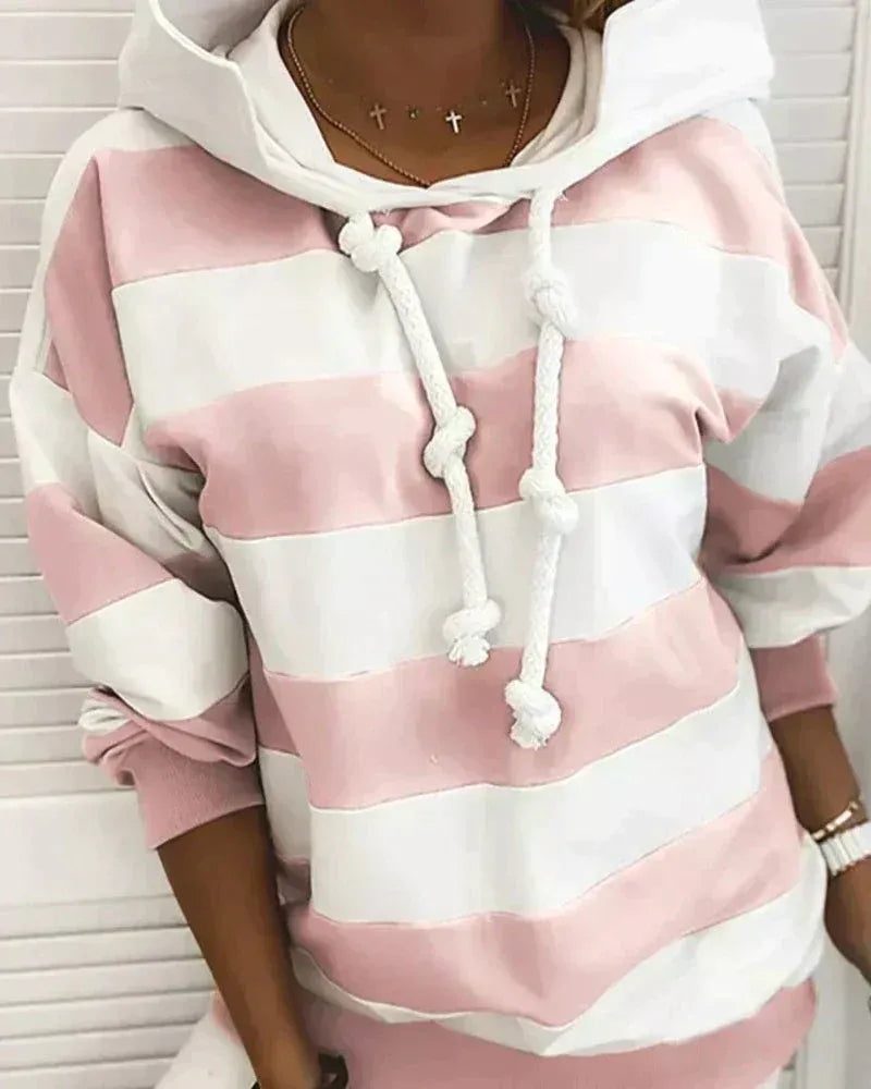 Dames Hoodie – Oversized Pasvorm – Katoenmix – Gestreept – Ribboorden – Knopenkoord