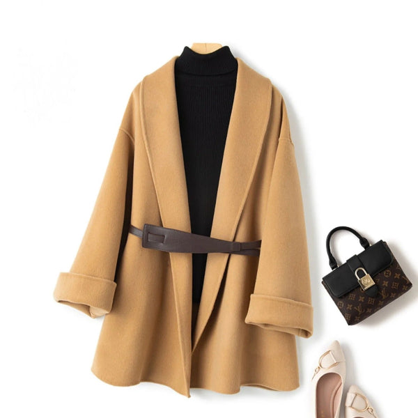 Dames Mantel – Oversized Pasvorm – Wol – Sjaalkraag – Taille Ceintuur – Midilengte