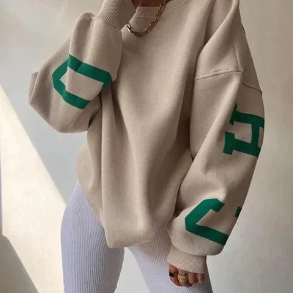 Dames Sweatshirt – Oversized Pasvorm – Katoenmix – Verlaagde Schouders – Mouwprint