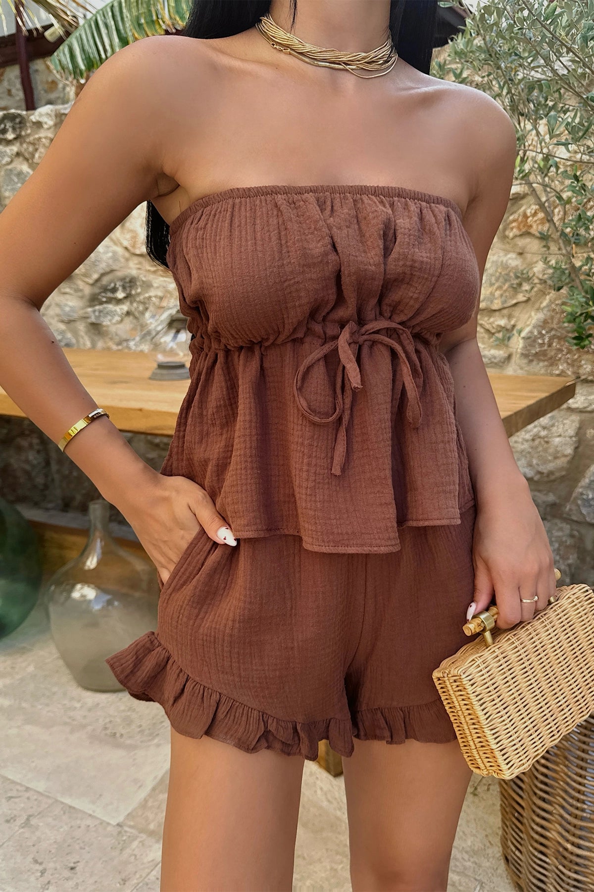 Bruine Shorts Set met Stijlvolle Pasvorm