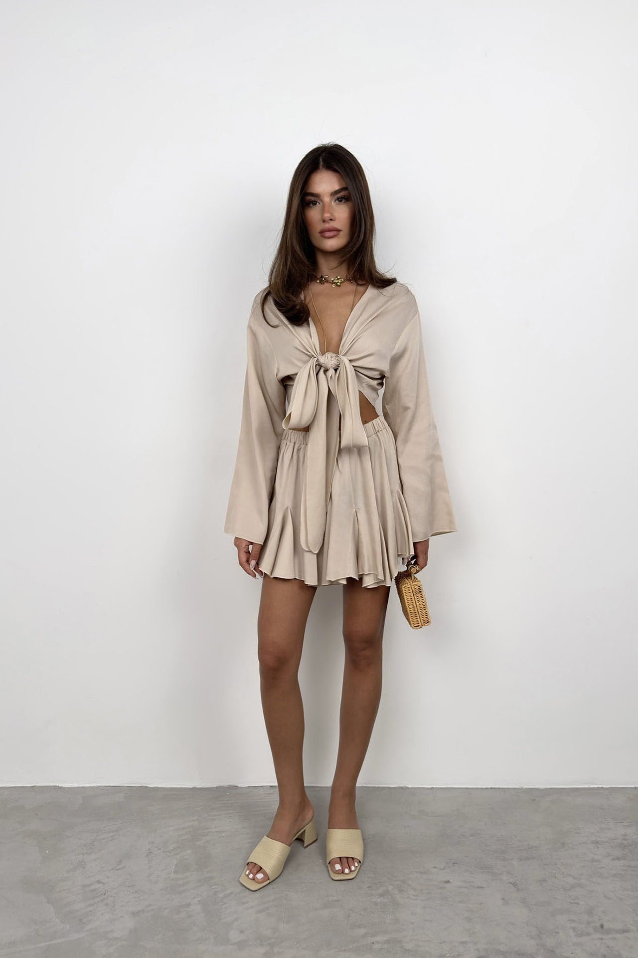 Steenkleurige Crop Top met Boothals en Lange Mouwen