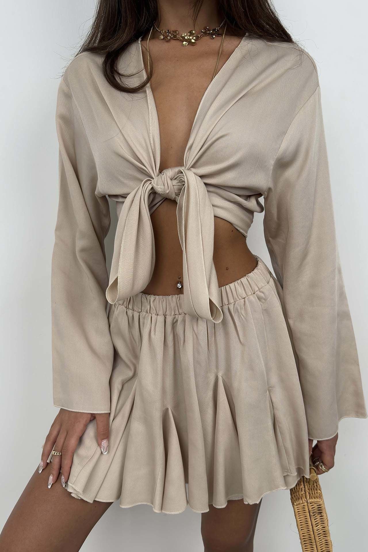 Steenkleurige Crop Top met Boothals en Lange Mouwen