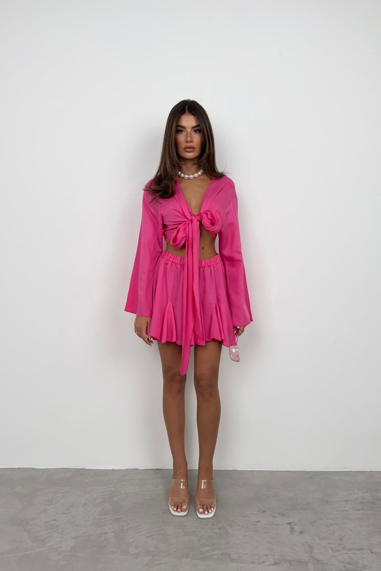 Fuchsia Crop Top met Boothals en Lange Mouwen