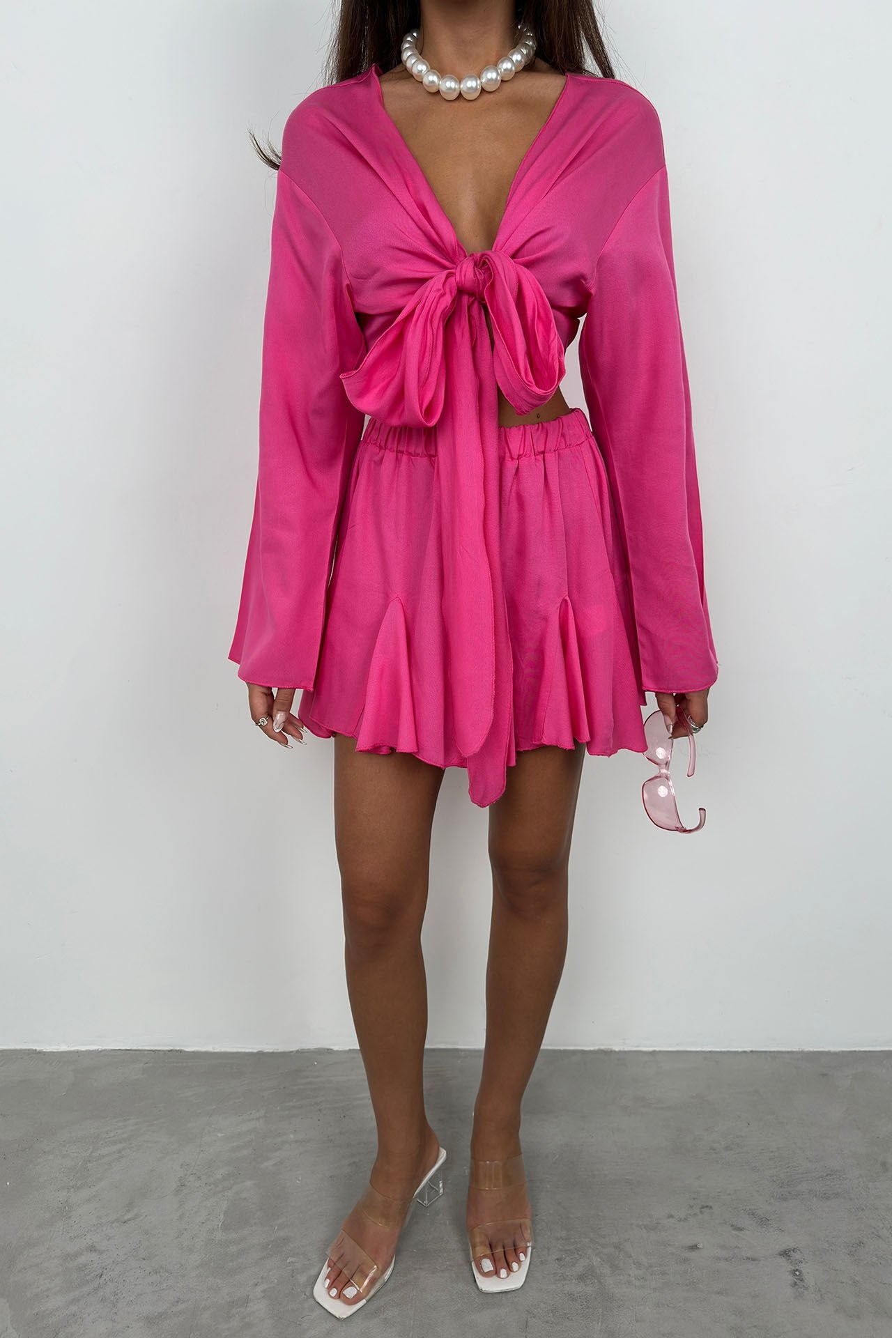Fuchsia Crop Top met Boothals en Lange Mouwen