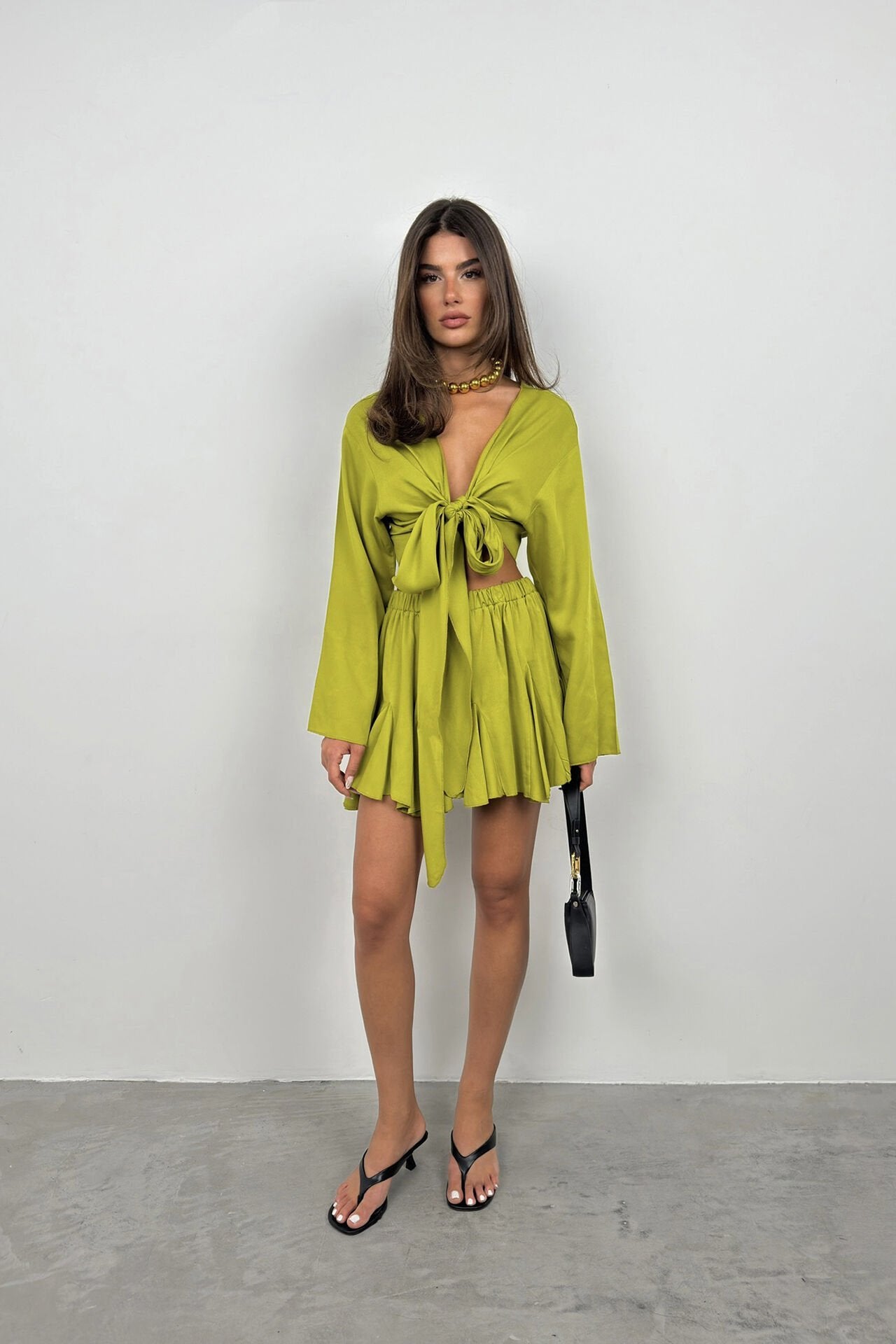 Limoen Crop Top met Boatneck en Lange Mouwen