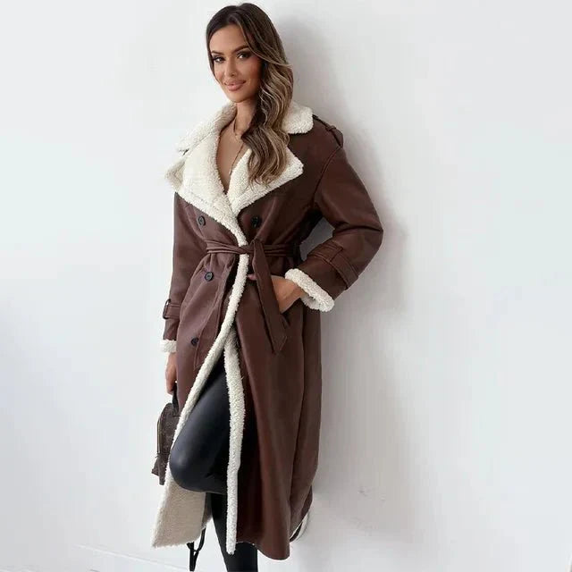 Women's Long Shearling Leather Coat – Relaxed fit – Double-breasted – Wide Lapels