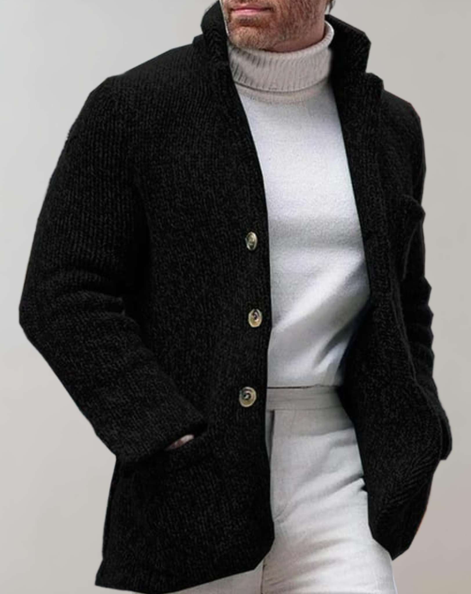 Heren Cardigan – Relaxte Pasvorm – Wol Look – Staande Kraag – Knopen – Patchzakken