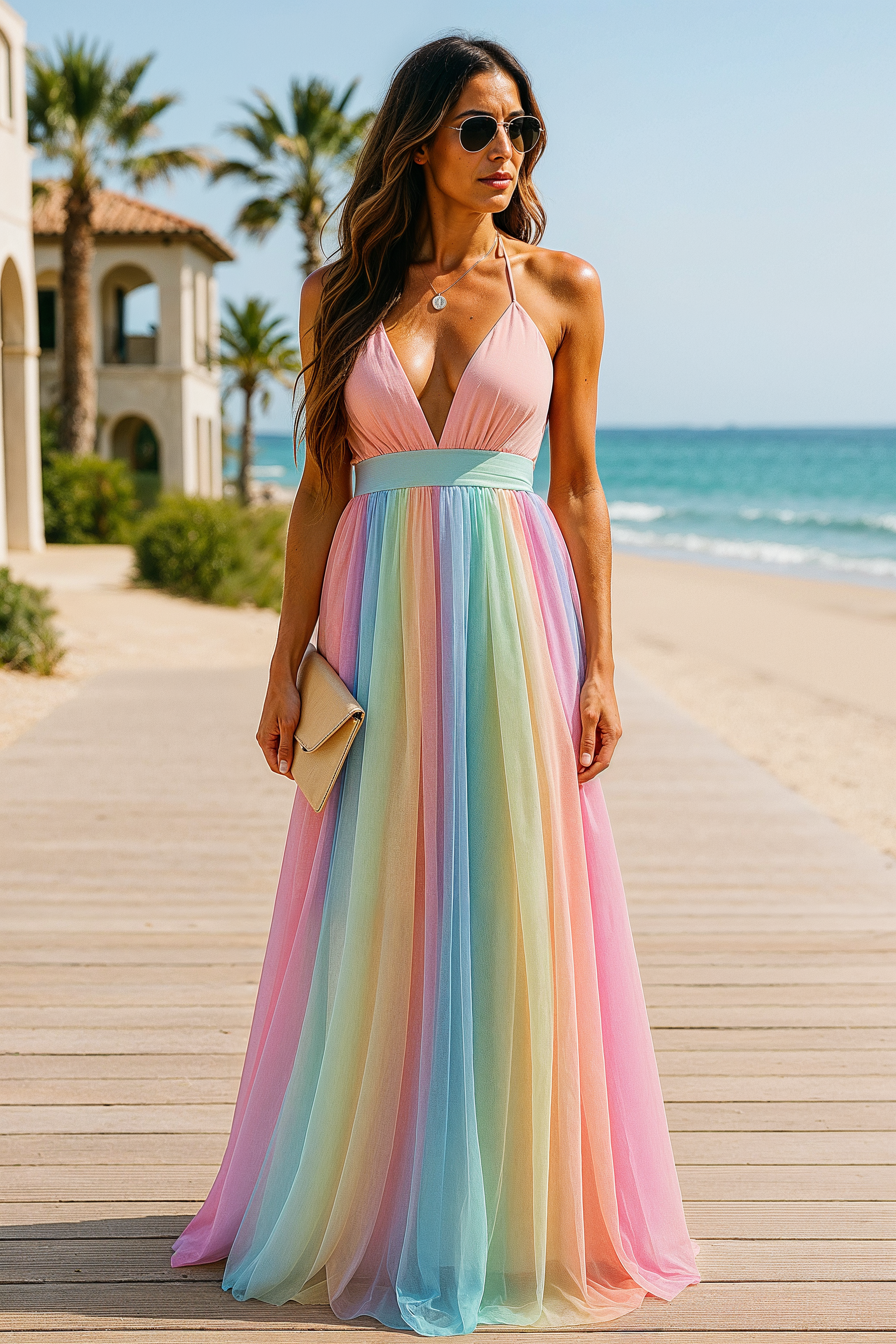 Lange Kleurrijke Zomerjurk met Mesh – Regenboog Stijl en Open Rug