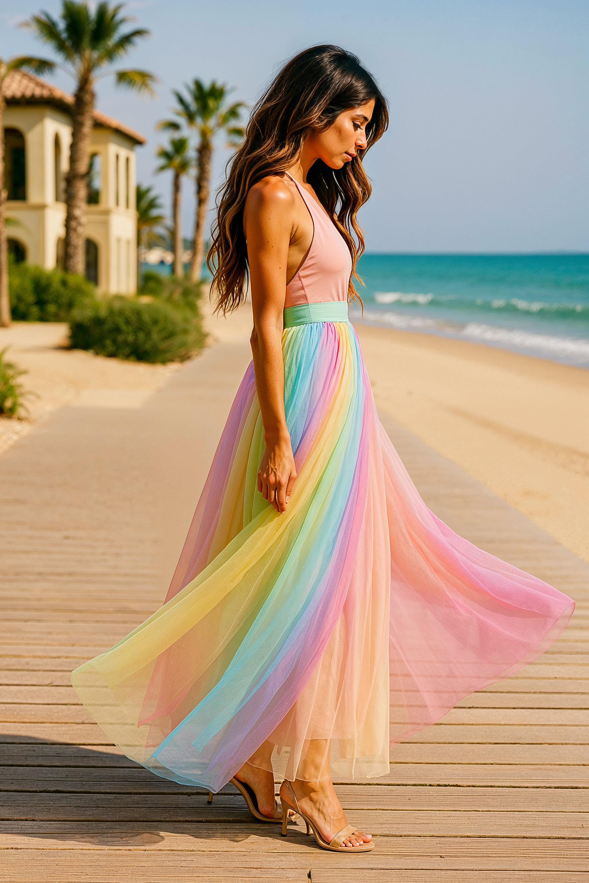 Lange Kleurrijke Zomerjurk met Mesh – Regenboog Stijl en Open Rug
