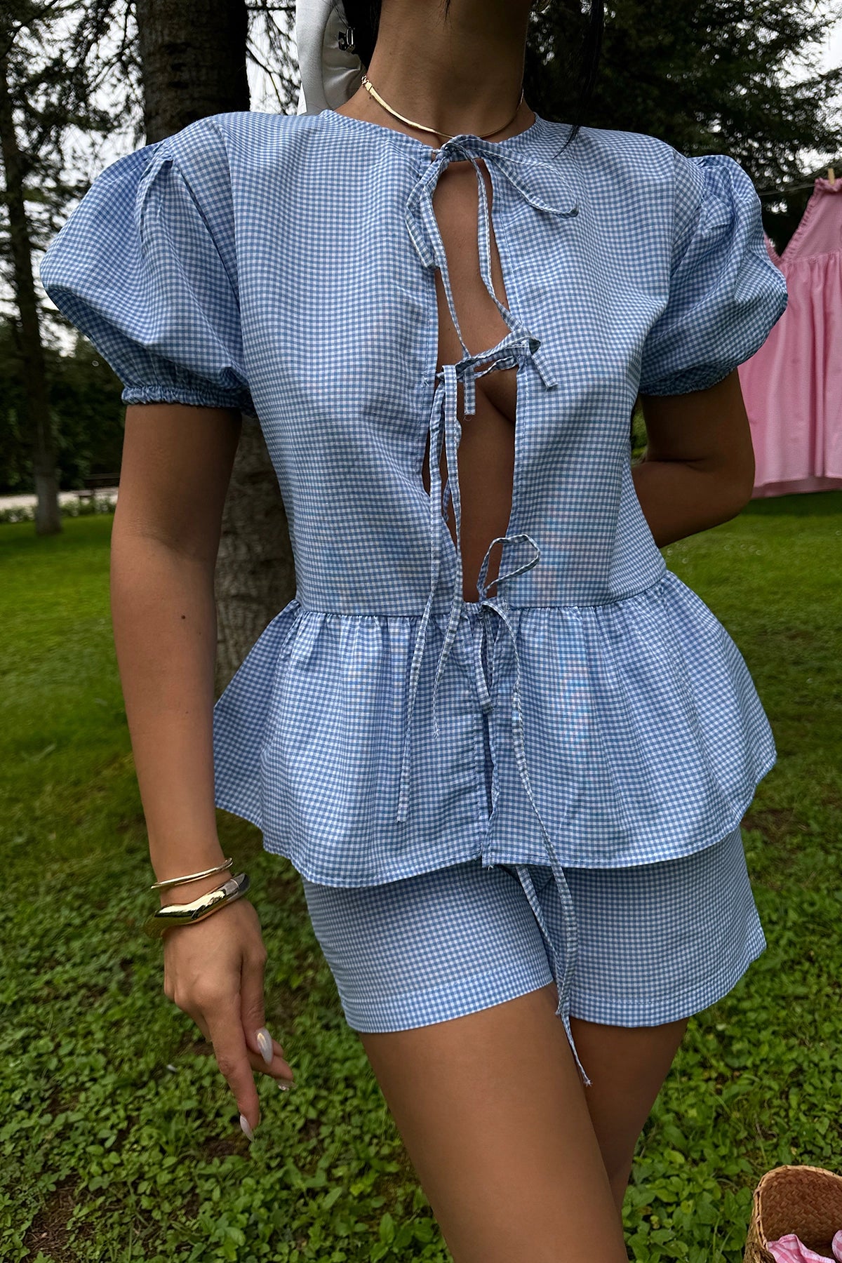 Blauw Laura Gingham Dubbel Pak