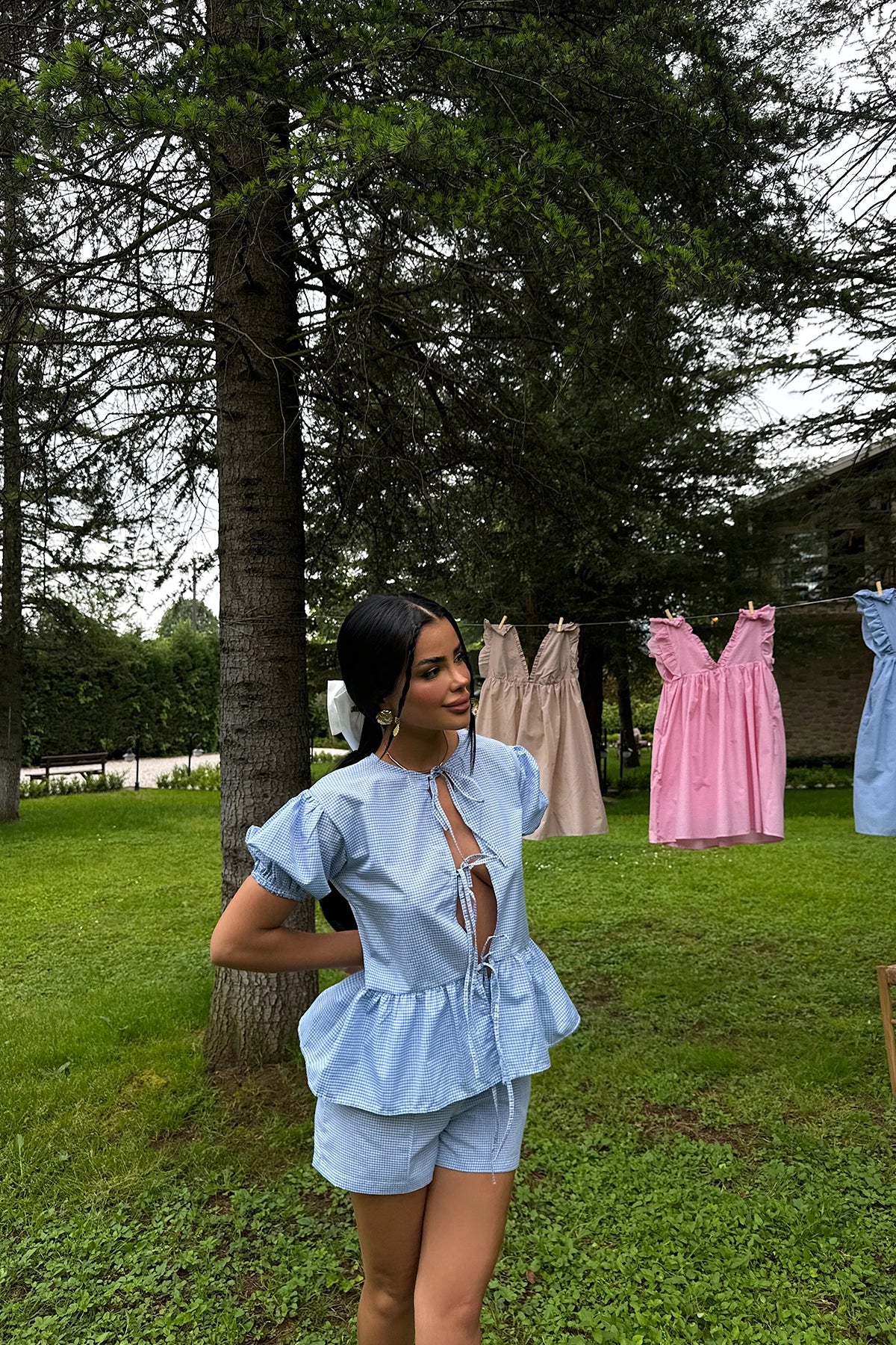 Blauw Laura Gingham Dubbel Pak