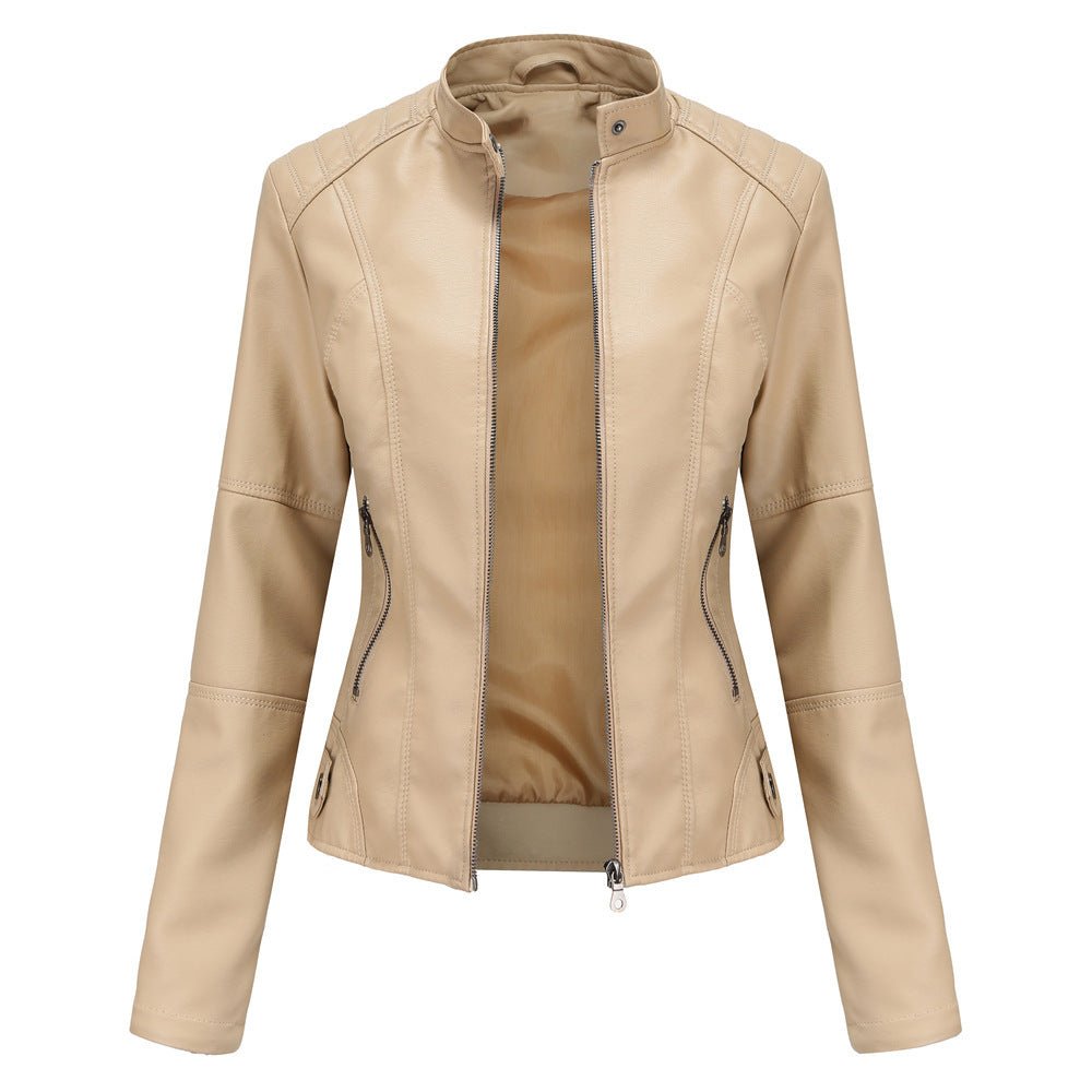 Dames Leren Jas – Getailleerd Model – Opstaande Kraag – Ritszakken – Lange Mouwen