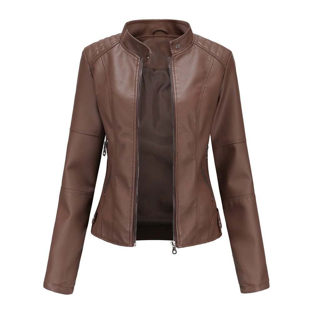 Dames Leren Jas – Getailleerd Model – Opstaande Kraag – Ritszakken – Lange Mouwen