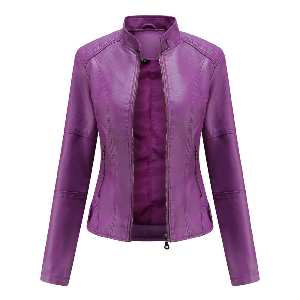 Dames Leren Jas – Getailleerd Model – Opstaande Kraag – Ritszakken – Lange Mouwen